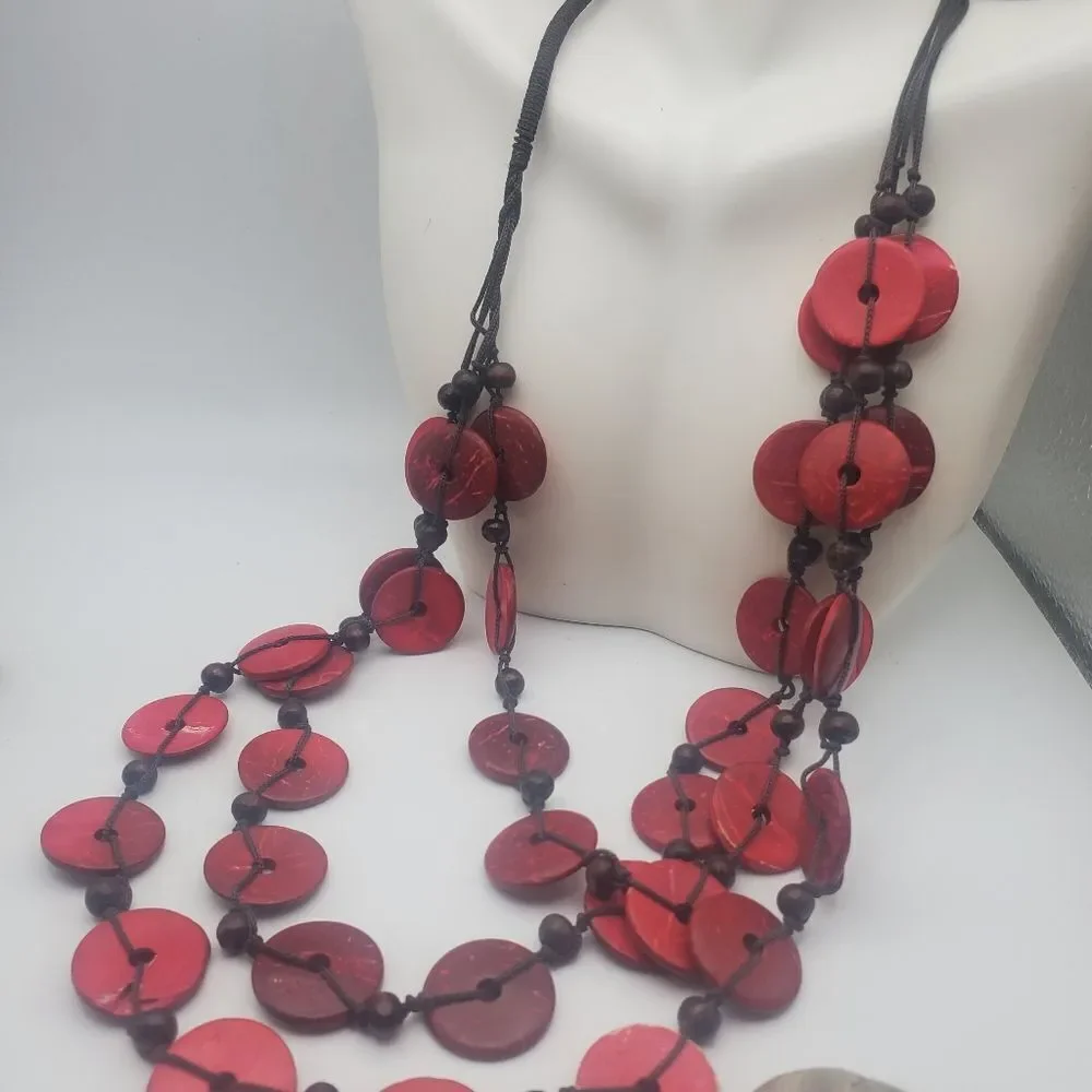 Red boho shell multi layered‎ necklace beach bohemian hippie